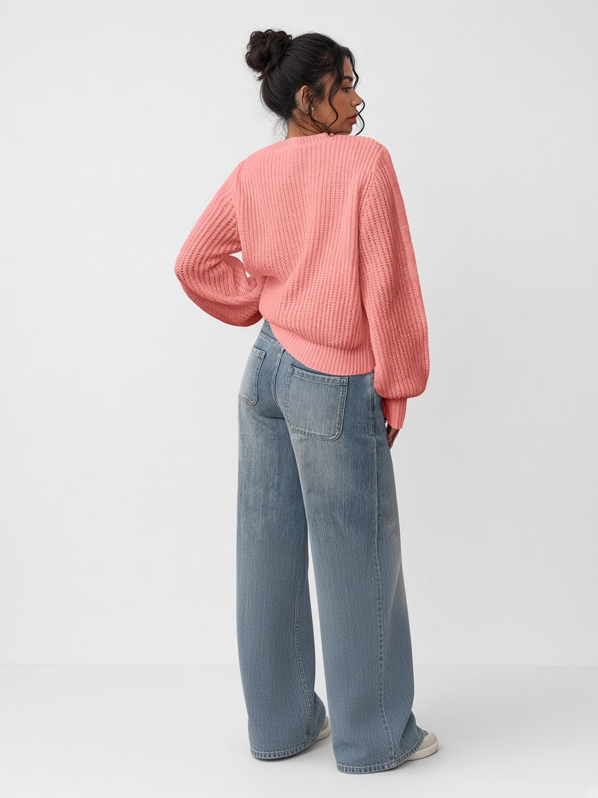 Damski sweter oversize – prążkowany, bufiaste rękawy