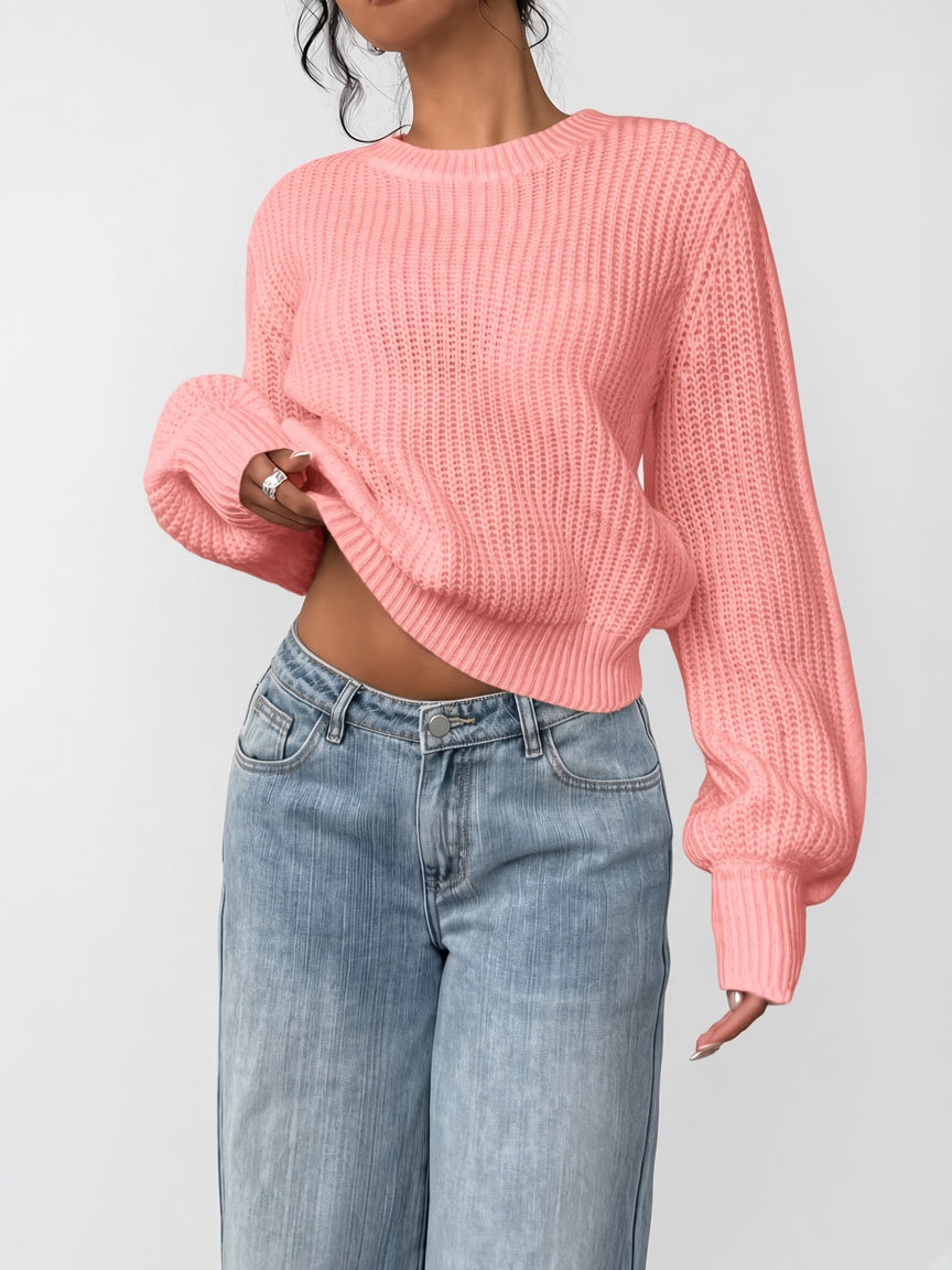 Damski sweter oversize – prążkowany, bufiaste rękawy