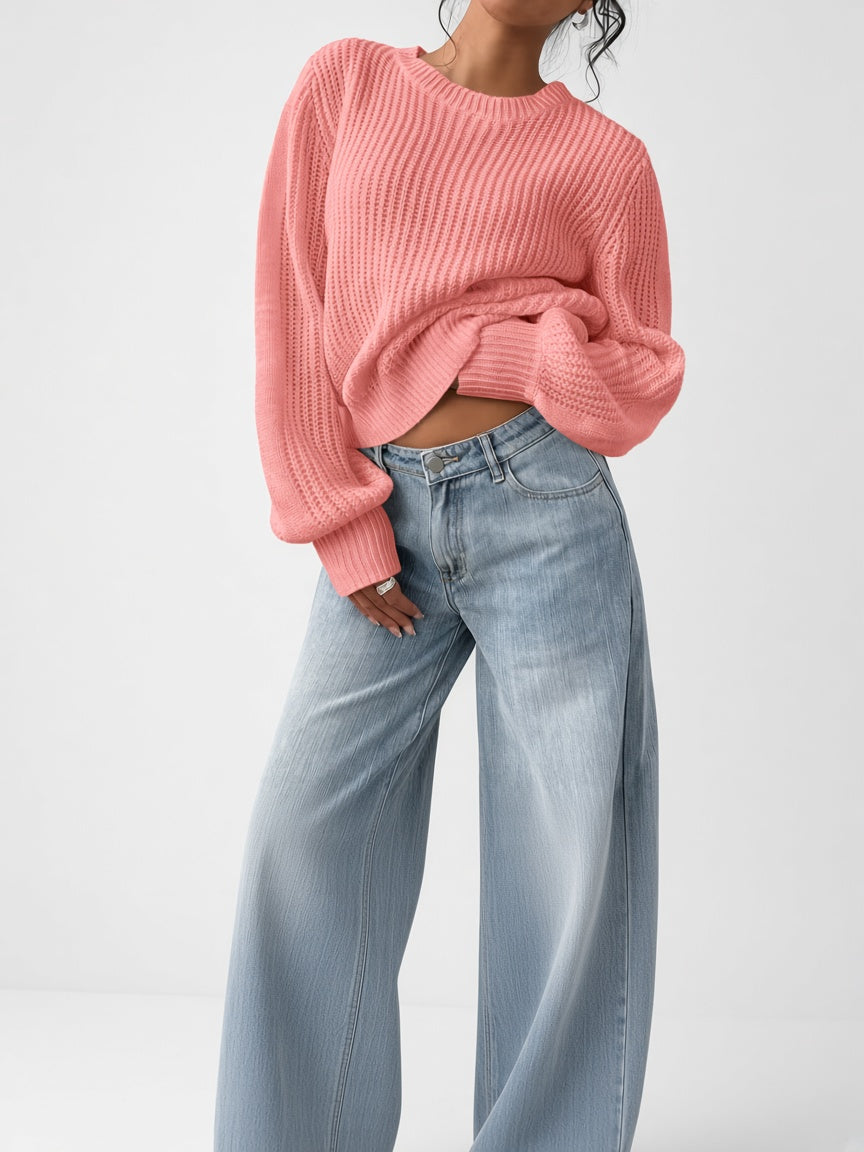 Damski sweter oversize – prążkowany, bufiaste rękawy