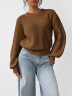 Damski sweter oversize – prążkowany, bufiaste rękawy