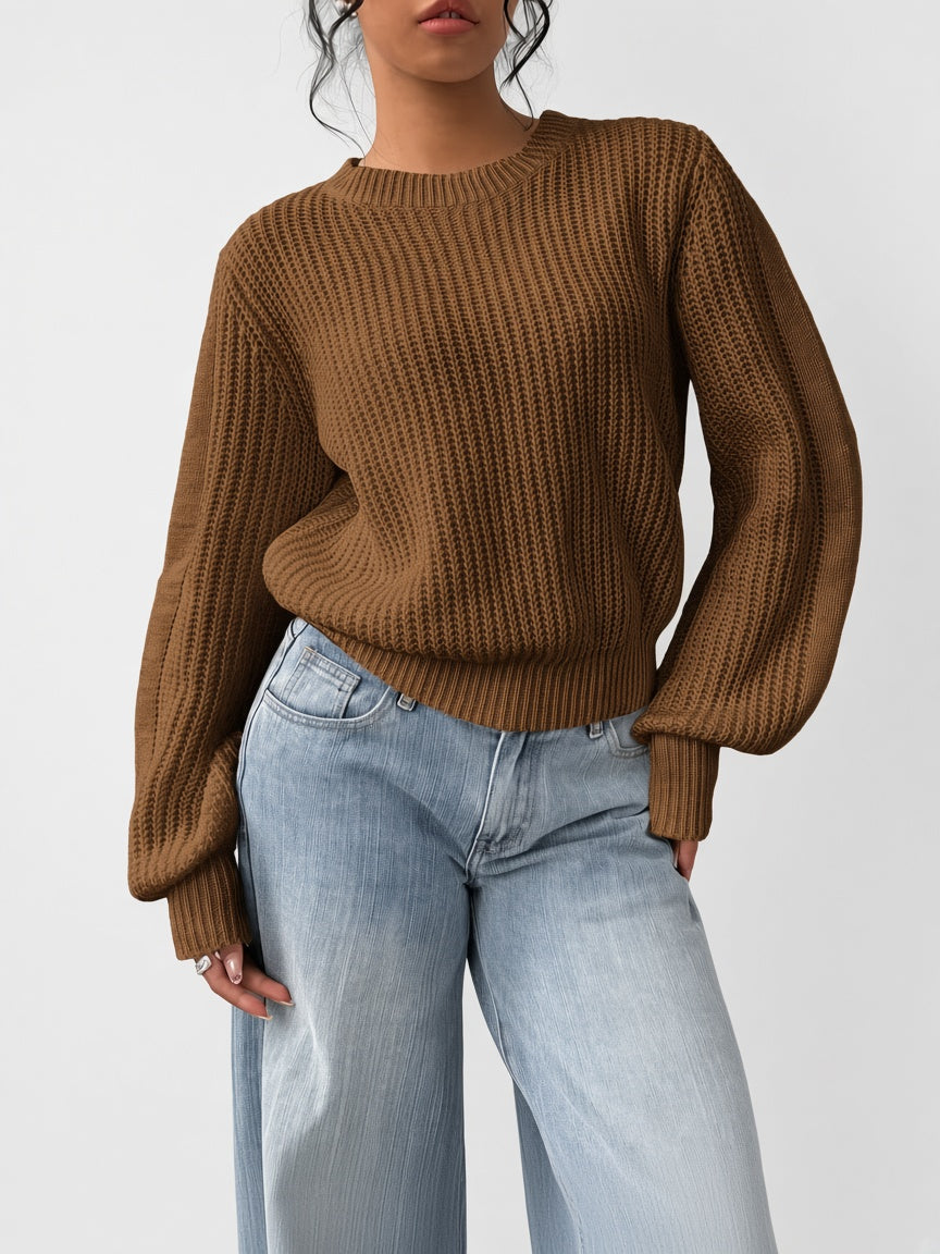 Damski sweter oversize – prążkowany, bufiaste rękawy