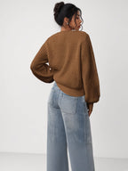 Damski sweter oversize – prążkowany, bufiaste rękawy