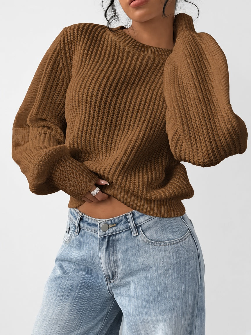 Damski sweter oversize – prążkowany, bufiaste rękawy