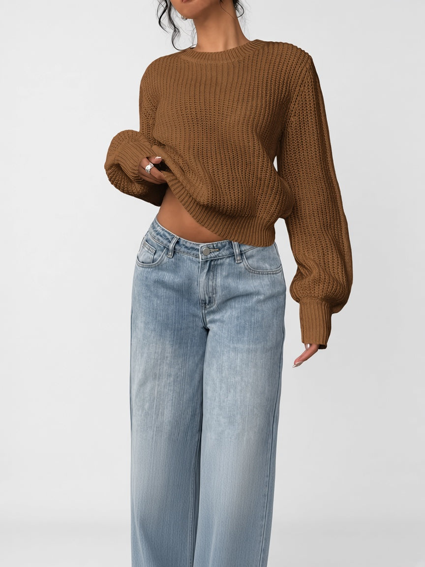 Damski sweter oversize – prążkowany, bufiaste rękawy