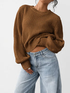 Damski sweter oversize – prążkowany, bufiaste rękawy
