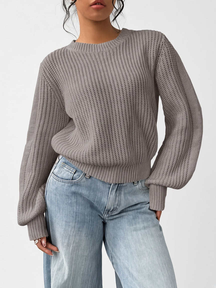 Damski sweter oversize – prążkowany, bufiaste rękawy