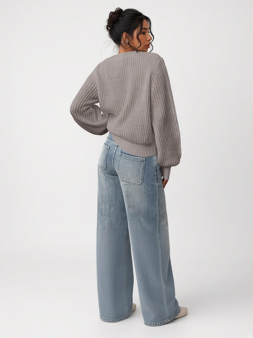 Damski sweter oversize – prążkowany, bufiaste rękawy