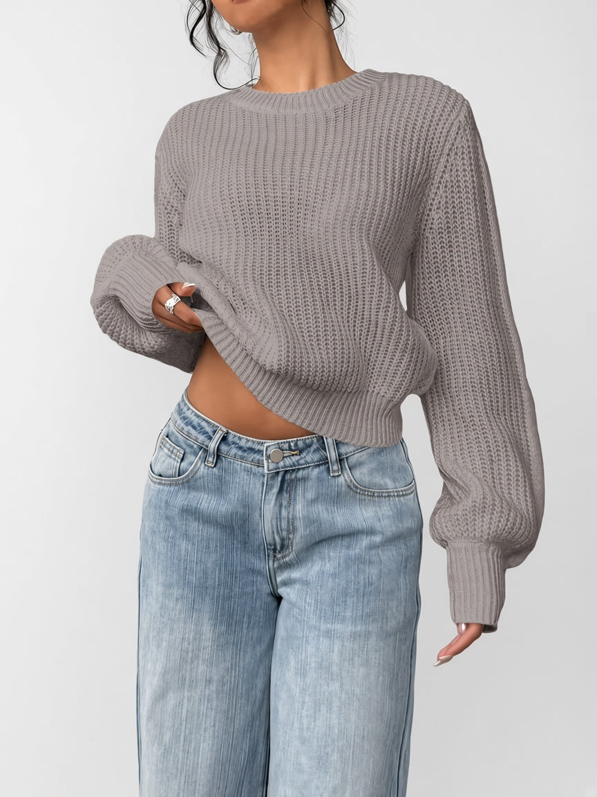 Damski sweter oversize – prążkowany, bufiaste rękawy