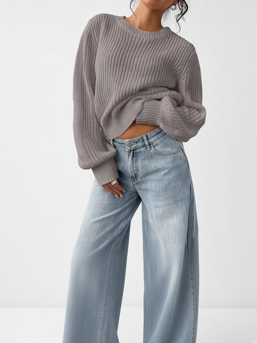 Damski sweter oversize – prążkowany, bufiaste rękawy