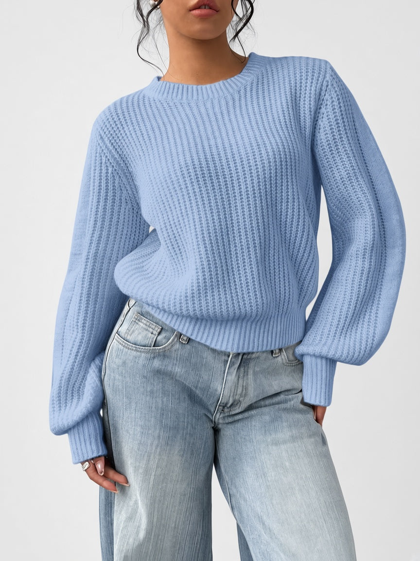Damski sweter oversize – prążkowany, bufiaste rękawy