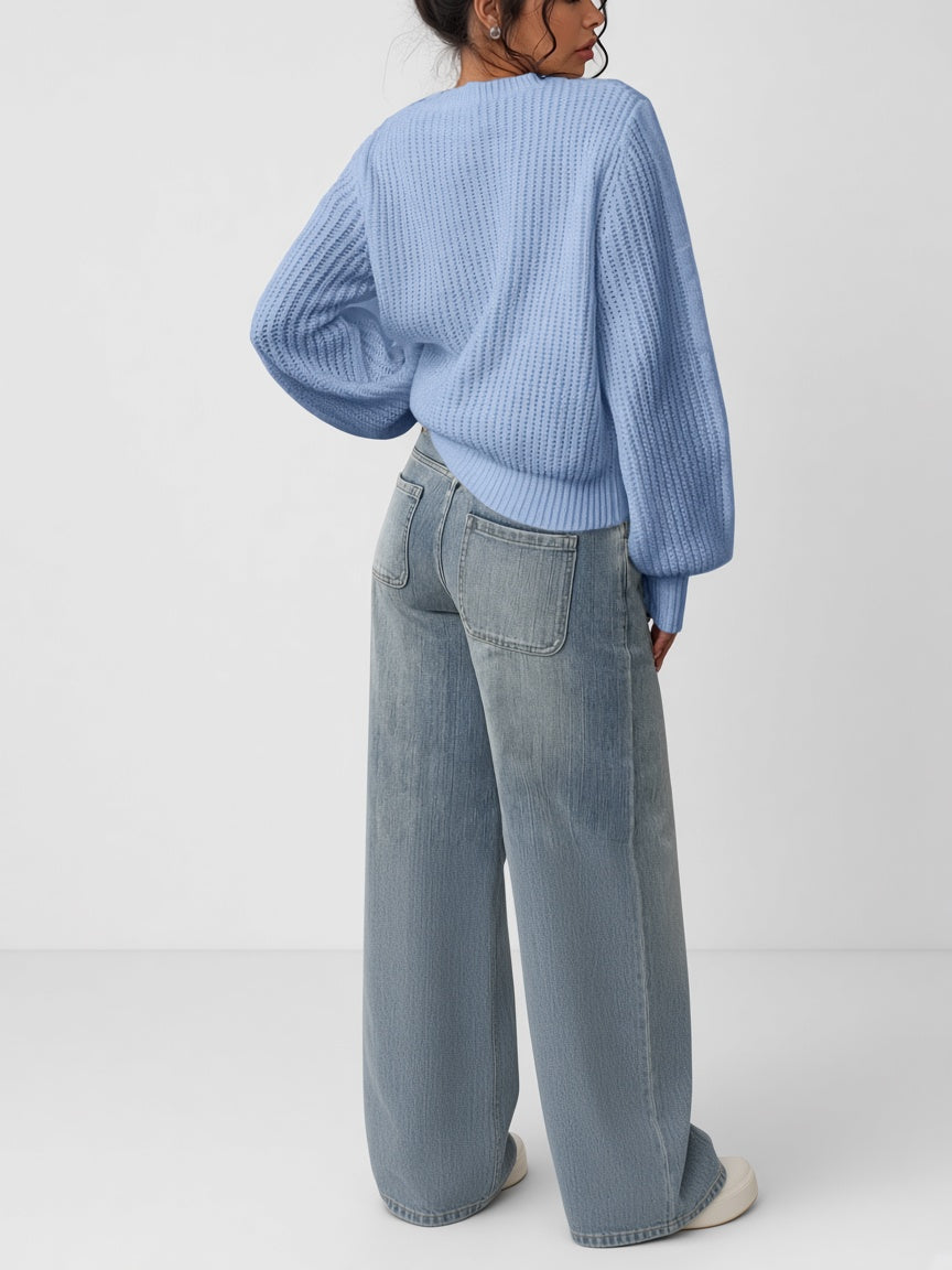 Damski sweter oversize – prążkowany, bufiaste rękawy