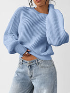Damski sweter oversize – prążkowany, bufiaste rękawy