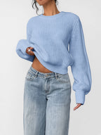 Damski sweter oversize – prążkowany, bufiaste rękawy