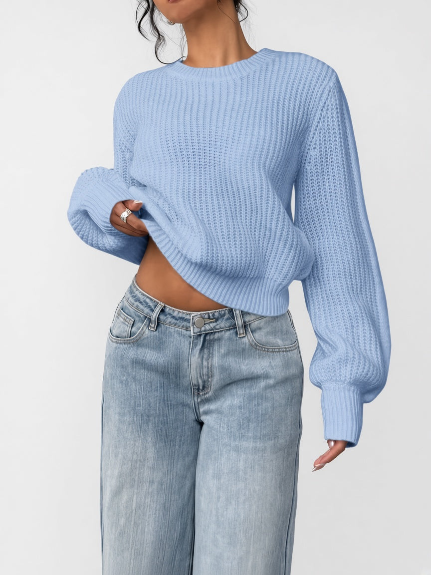 Damski sweter oversize – prążkowany, bufiaste rękawy