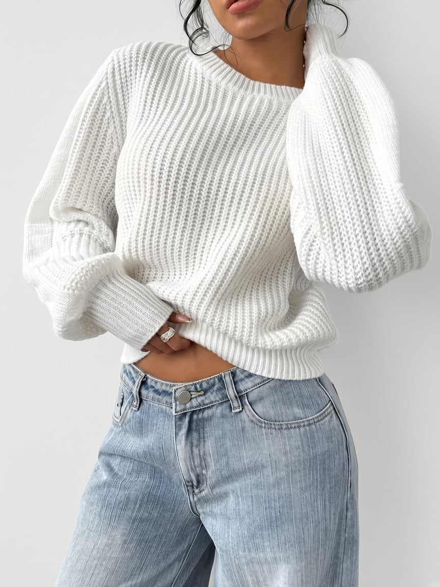 Damski sweter oversize – prążkowany, bufiaste rękawy