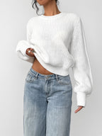 Damski sweter oversize – prążkowany, bufiaste rękawy