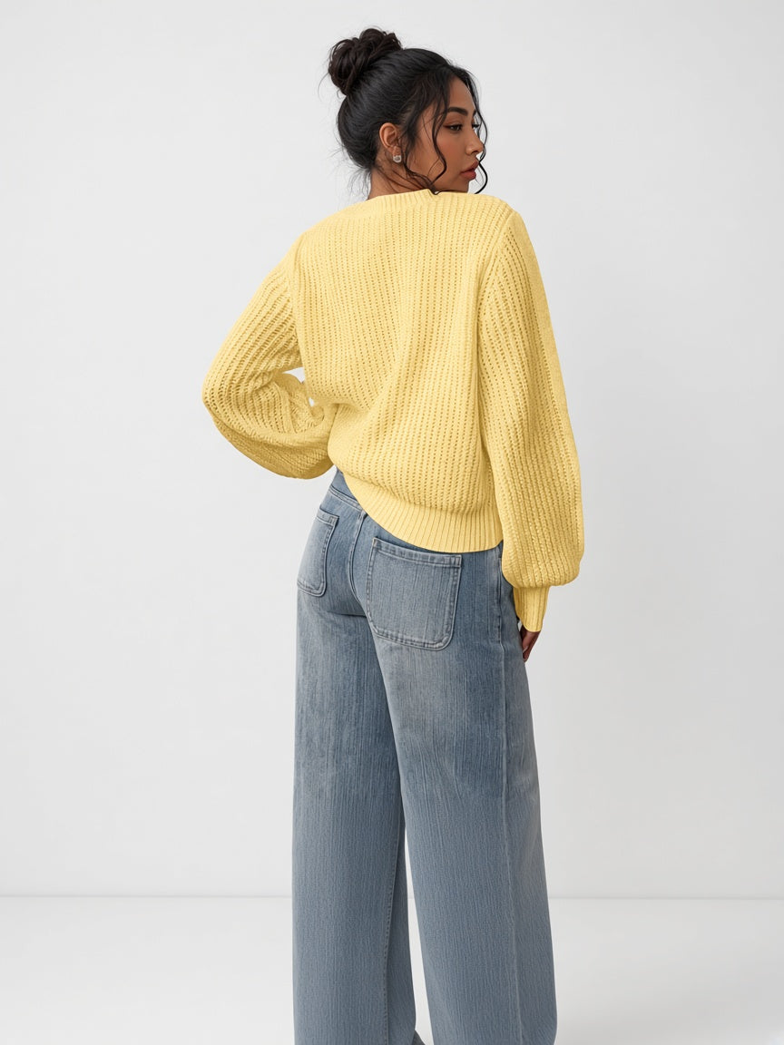 Damski sweter oversize – prążkowany, bufiaste rękawy