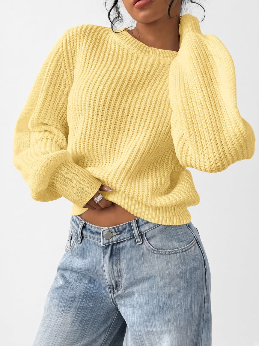 Damski sweter oversize – prążkowany, bufiaste rękawy