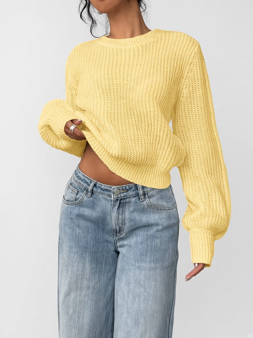 Damski sweter oversize – prążkowany, bufiaste rękawy