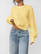 Damski sweter oversize – prążkowany, bufiaste rękawy