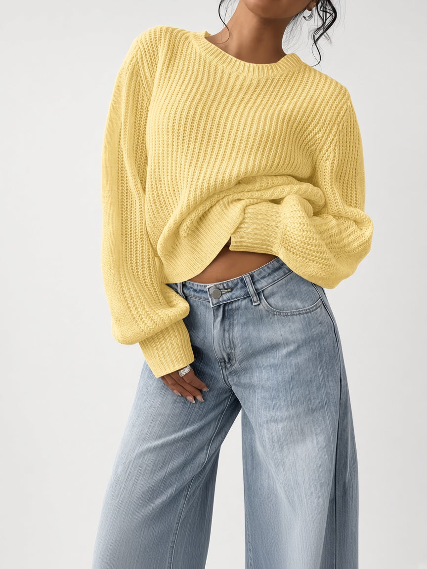 Damski sweter oversize – prążkowany, bufiaste rękawy