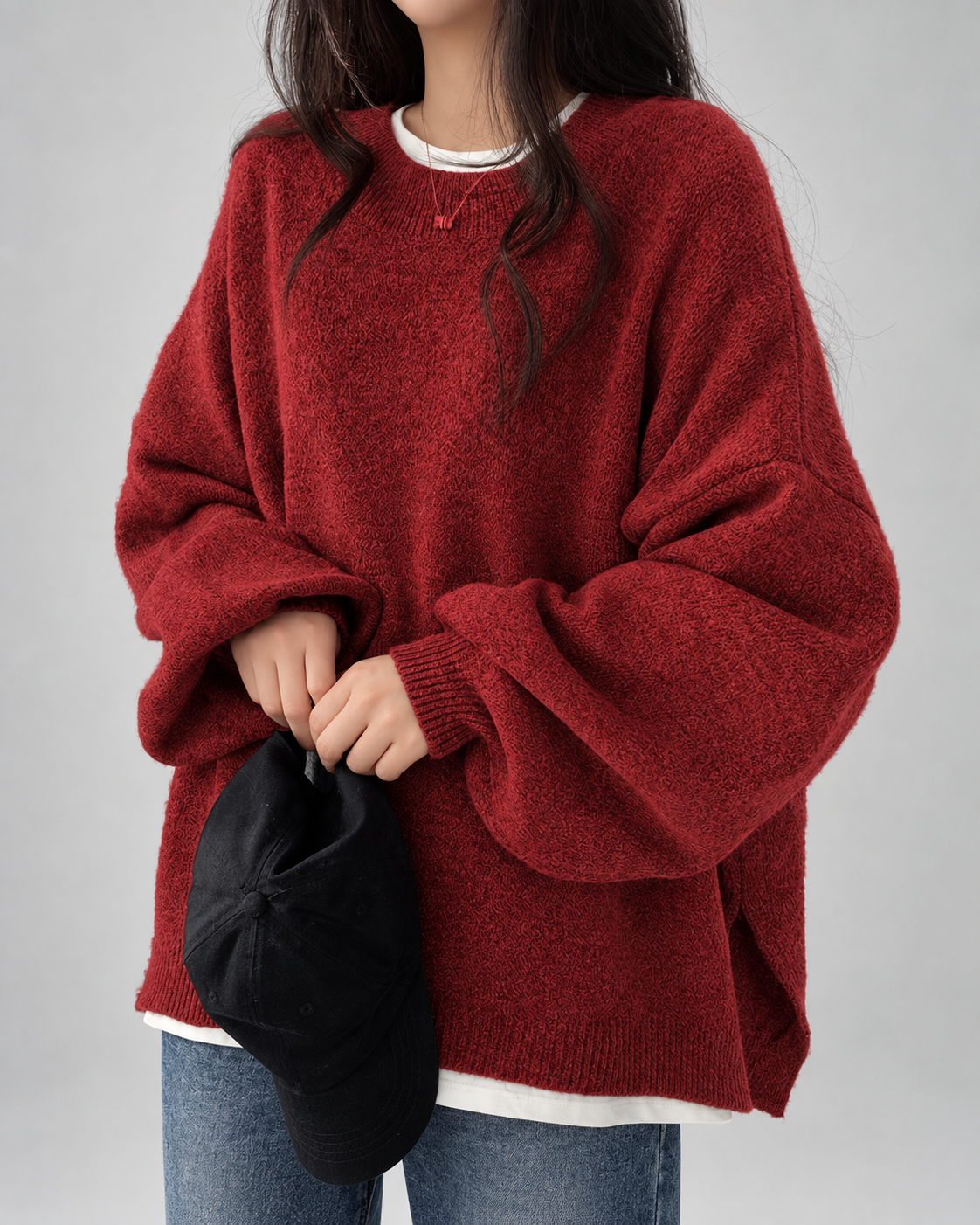 Damski sweter oversize – okrągły dekolt, bufiaste rękawy