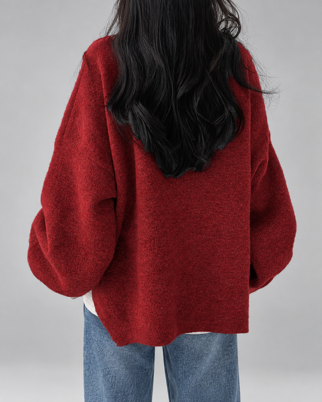 Damski sweter oversize – okrągły dekolt, bufiaste rękawy