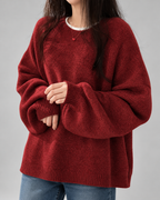 Damski sweter oversize – okrągły dekolt, bufiaste rękawy