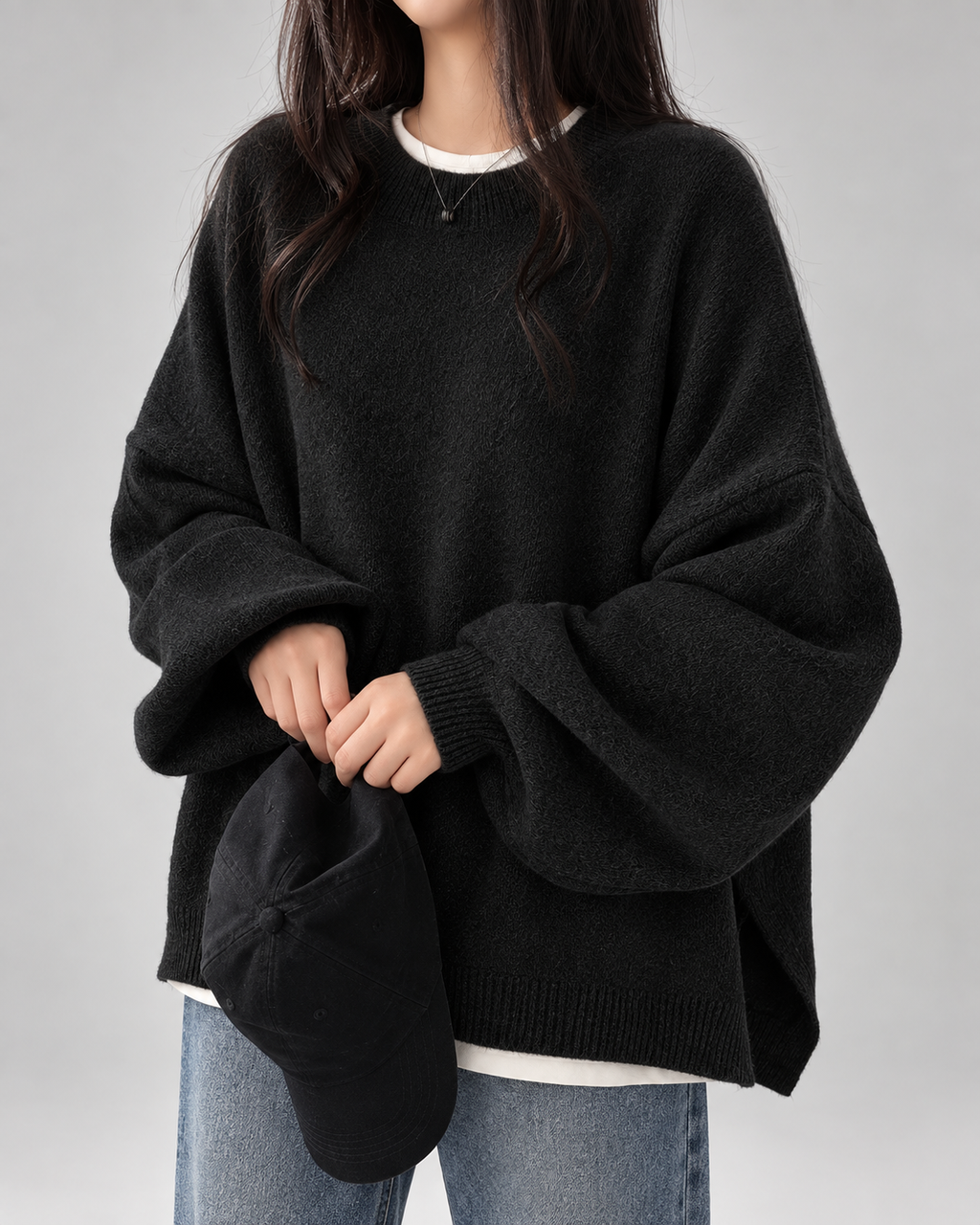 Damski sweter oversize – okrągły dekolt, bufiaste rękawy
