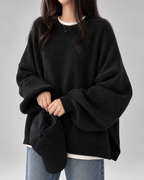 Damski sweter oversize – okrągły dekolt, bufiaste rękawy