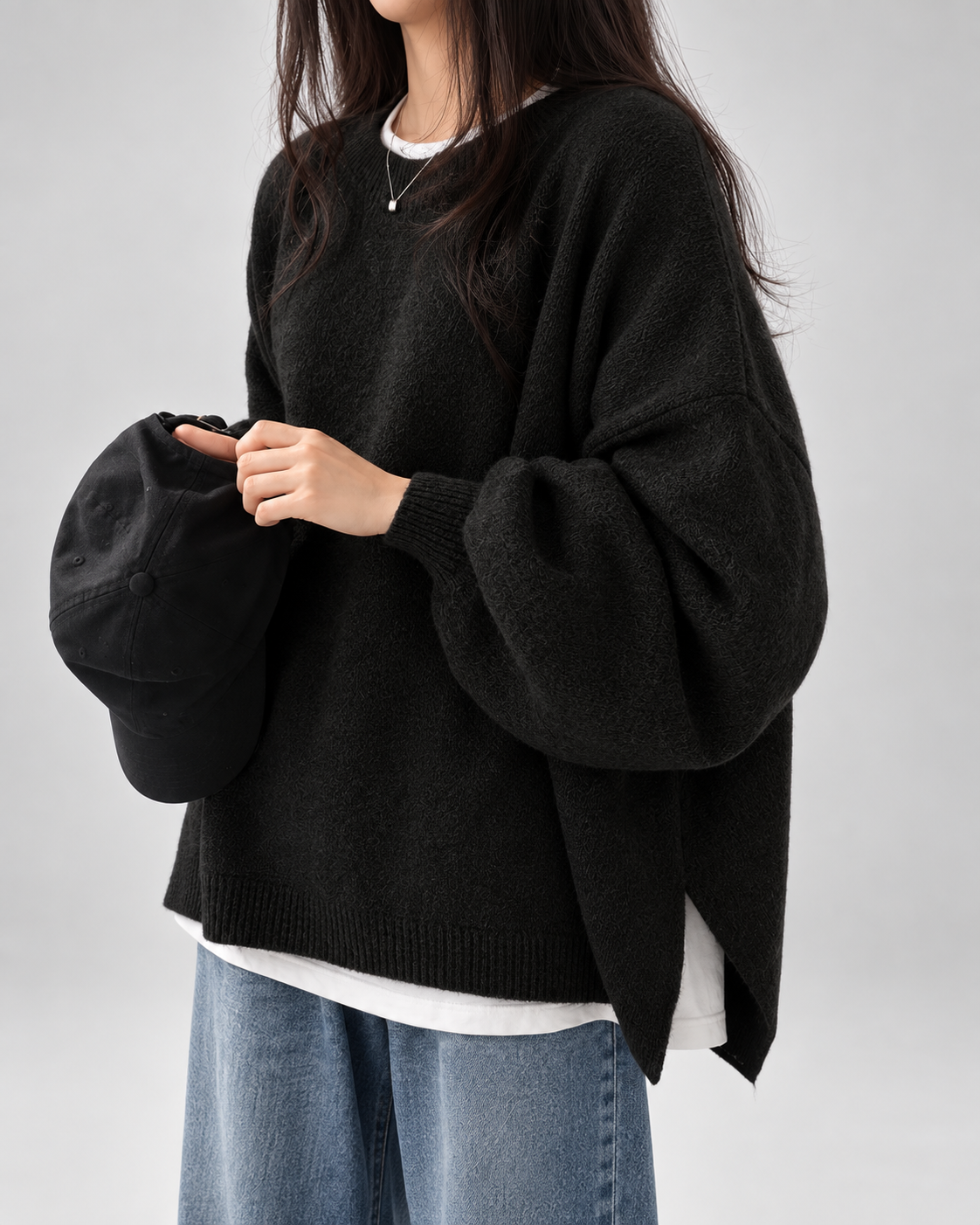 Damski sweter oversize – okrągły dekolt, bufiaste rękawy